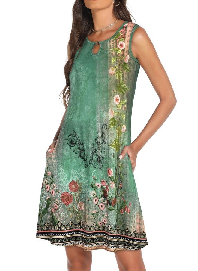 elescat Summer Dresses for Women Casual Sleeveless Sundress Floral Loose Fit Beach Cover Up with Pocket（Dark Sea Green, S - Image 3